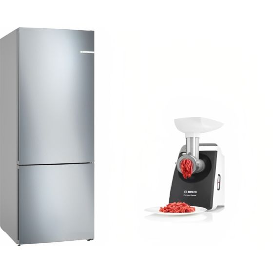 Bosch Series 4 No Frost Refrigerator, 483 Litres, Stainless Steel - KGN55VI2E9 with Bosch CompactPower Meat Grinder, 1600 Watt, Black and White - MFW3612A