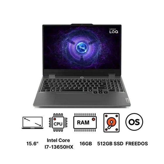 لاب توب جيمنج لينوفو  LOQ 15IRX9 83DV008QED، انتل كور I7-13650HX، هارد SSD سعة 512 جيجا، رام 16 جيجا، شاشة IPS، مقاس 15.6 بوصة، دقة FHD، بمعدل تحديث 144 هرتز، كارت شاشة انفيديا جي فورس RTX 3050 سعة 6 جيجا، FREEDOS - رمادي لونا