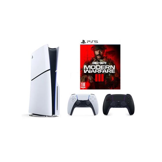 سوني بلايستيشن 5 سليم اصدار محرك اقراص، 1 تيرا SSD، مع 2 ذراع تحكم لاسلكي، ابيض واسود، مع لعبة مودرن وورفير 3 - ابيض