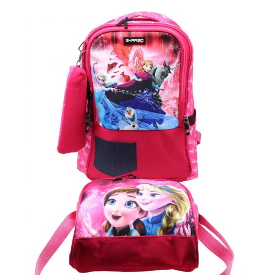 Gharibo Bags School Backpack With Lunch Bag and Pencil Case for Girls, Frozen Pattern - Pink