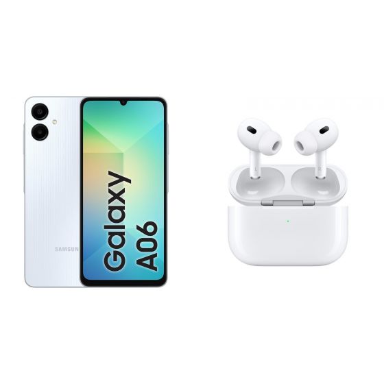 Samsung Galaxy A06, 128GB, 6GB, 4G LTE, Dual SIM- Light Blue with Ridingtone AirPods Pro 2nd Gen In-Ear Earbuds - White