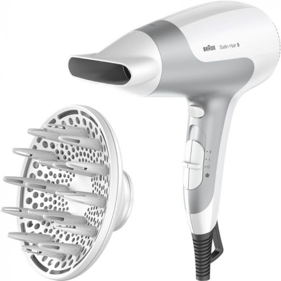 Braun Satin Hair 5 Hair Dryer, 2500 Watt, 3 Temperatures, White and Grey - HD585