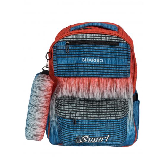 Gharibo Bags School Backpack With Pencil Case For Boys, Stripes Pattern - Blue and Orange