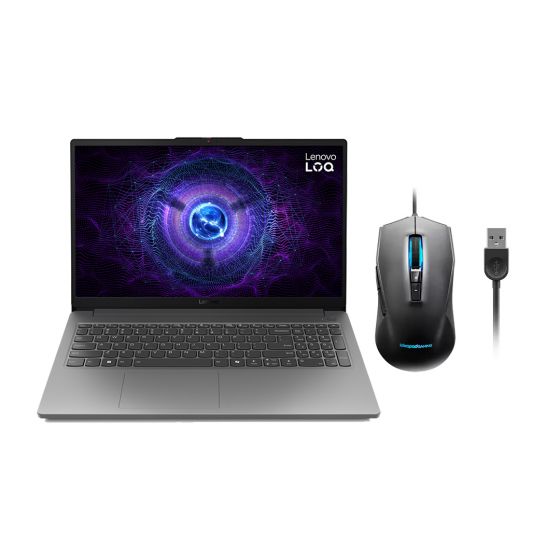 Lenovo LOQ 15IAX9E 83LK0061ED Essential Laptop, Intel Core i7-12650HX, 512GB SSD M.2 PCIe 4.0x4 NVMe, 16GB RAM, 15.6 Inch FHD IPS 144Hz, NVIDIA GeForce RTX 4050 6GB GDDR6, Windows 11 - Luna Grey with Lenovo LOQ M100 RGB Mouse
