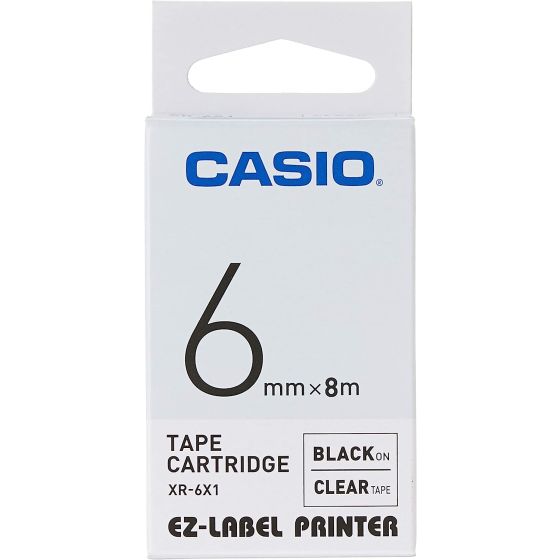 Casio Printer Label Tape, 6mm, Black Ink on Clear Tape- ‎XR-6X1