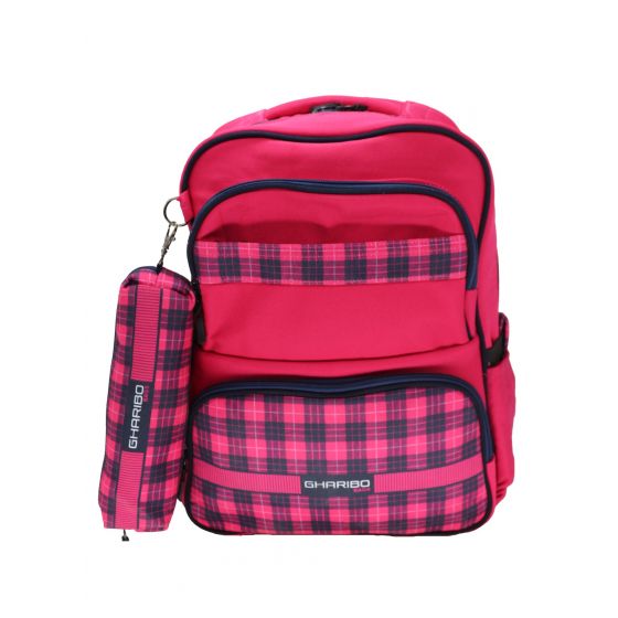 Gharibo Bags School Backpack With Pencil Case For Girls, Cross Lines Pattern - Pink