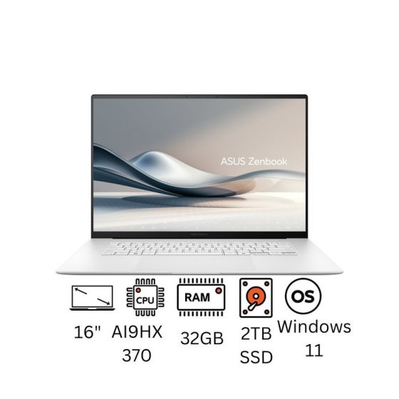 لاب توب اسوس زين بوك S16 UM5606WA، ايه ام دي رايزن  AI 9 HX 370، هارد 2 تيرا SSD، رام 32 جيجا، شاشة 16 بوصة تعمل باللمس 3K،  كارت شاشة ايه ام دي راديون 890M جرافيكس، ويندوز 11 - ابيض