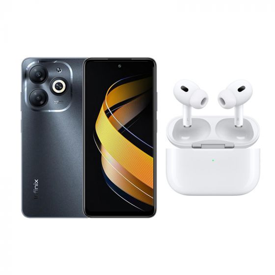 Infinix Smart 8, 64GB, 2GB RAM, 4G LTE, Dual SIM - Timber Black with Ridingtone AirPods Pro 2nd Gen Earbuds, Noise Cancellation - White