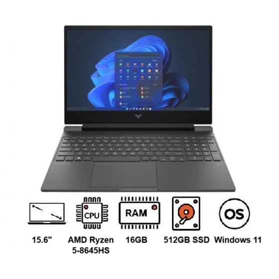 لاب توب جيمنج اتش بي فيكتوس 15-fb2082wm، شاشة 15.6 بوصة FHD، معالج AMD Ryzen 5-8645HS، سعة 512 جيجابايت SSD، رام 16 جيجابايت، كارت شاشة Nvidia GeForce RTX 4050 سعة 6 جيجابايت، نظام ويندوز 11 - فضي ميكا