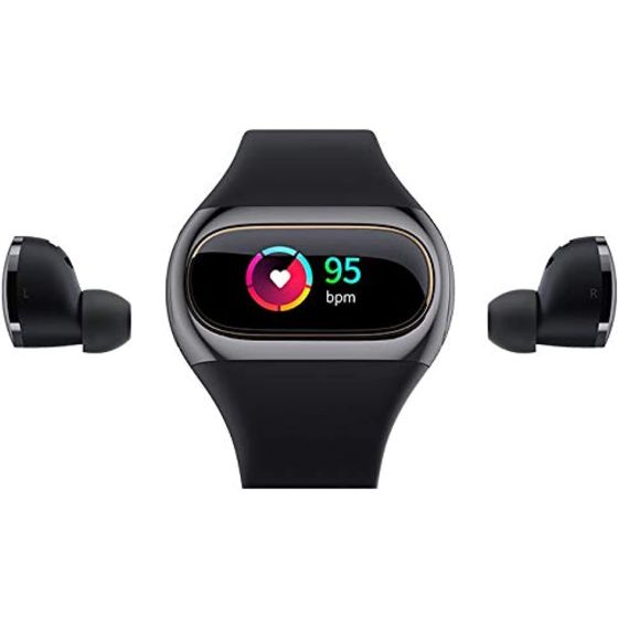 Aipower Wearbuds True Wireless Earbuds Fitness Tracker 2 in 1 with Bluetooth 5, AptX, IPX6, Mono Mode, 5.5H Playtime, Heart Rate Monitor, Pedometer, Calorie Counter (Shiny Black)