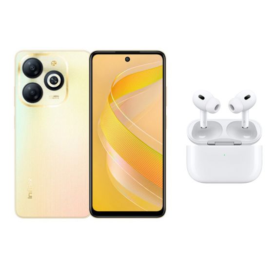 Infinix Smart 8, 64GB, 2GB RAM, 4G LTE, Dual SIM - Shiny Gold with Ridingtone AirPods Pro 2nd Gen Earbuds, Noise Cancellation - White