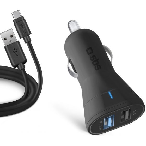 SBS Car Charger Kit, 2 Ports, 2100mAh - Black