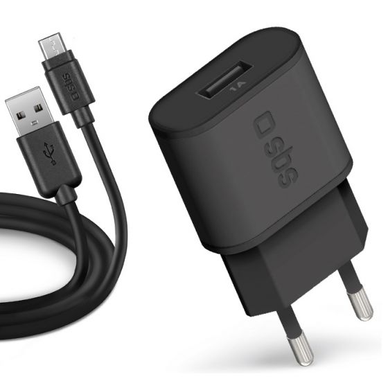SBS Micro USB Travel Charging Kit, 1 Port, 1000mAh - Black