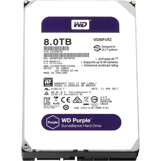 WD Purple SATA 6Gb/s Surveillance HDD, 8 TB - WD80PURZ