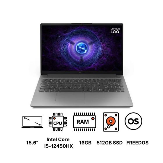 لاب توب جيمنج لينوفو LOQ 15IAX9E​ - 83LK0062ED، انتل كور i5-12450HX، هارد SSD سعة 512 جيجا، رام 16 جيجا، شاشة IPS مقاس 15.6 بوصة، دقة FHD، بمعدل تحديث 144 هرتز، كارت شاشة انفيديا جي فورس RTX 2050 سعة 4 جيجا، فري دوس - رمادي لونا