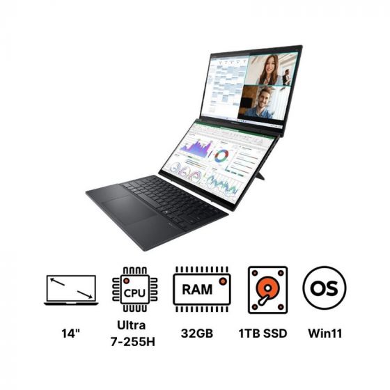 Asus Zenbook Duo - UX8406CA-PZ062W Laptop, Intel Core Ultra 7-255H, 1TB SSD, 32GB RAM, 14 Inch 3K OLED 120Hz Touch Display, Intel Arc Graphics, Windows 11 - Inkwell Grey