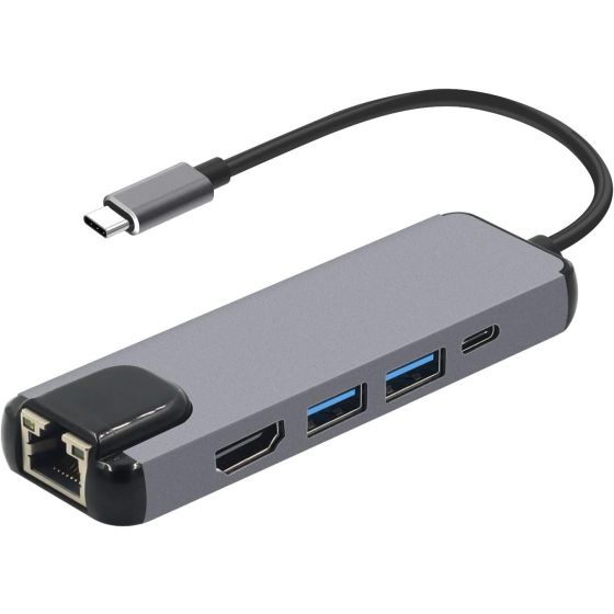 موزع 5 في 1 بمنفذ USB-C، لاجهزة بمنفذ C - رمادي