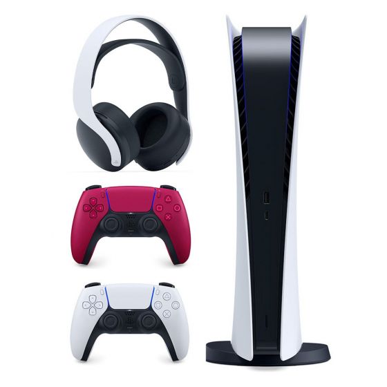 Sony PlayStation 5 Digital Edition, 16GB GDDR6 RAM, with 2 DualSense Wireless Controllers, and 3D Wireless Gaming Headset, White- PS5-DE-14