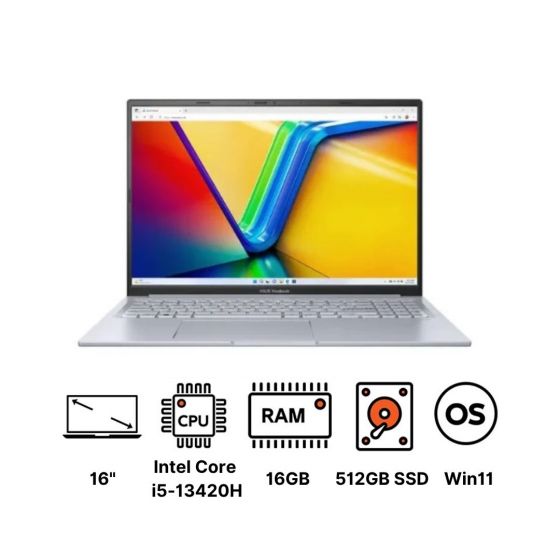 لاب توب جيمنج اسوس فيفوبوك 16X K3605VC-RP005W - 90NB11D2-M00KX0، انتل كور i5-13420H، هارد SSD سعة 512 جيجا، رام 16 جيجا، شاشة IPS مقاس 16 بوصة، دقة WUXGA، بمعدل تحديث 144 هرتز، كارت شاشة نفيديا جي فورس RTX 3050 سعة 4 جيجا، ويندوز 11 - فضي