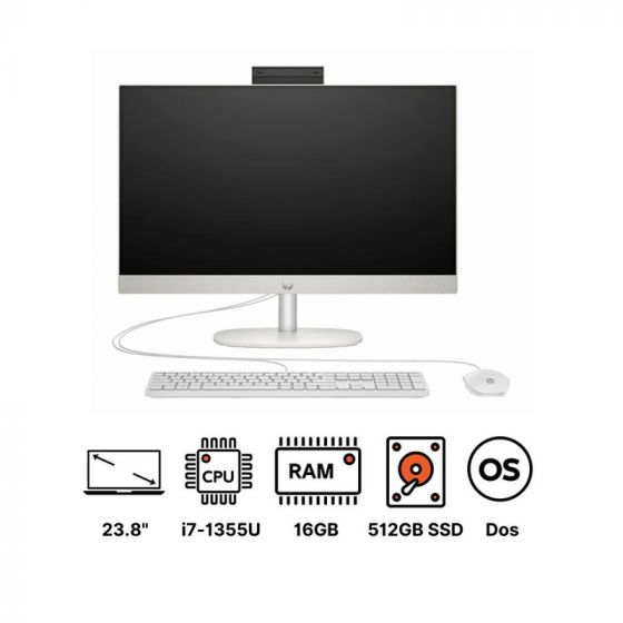 HP 24-CR0001l ِAll in One, Intel Core i7-1355U, 512GB SSD, 16GB RAM, 23.8 Inch FHD IPS Display, Intel Iris Xe Graphics, Dos- White, with Keyboard and Mouse