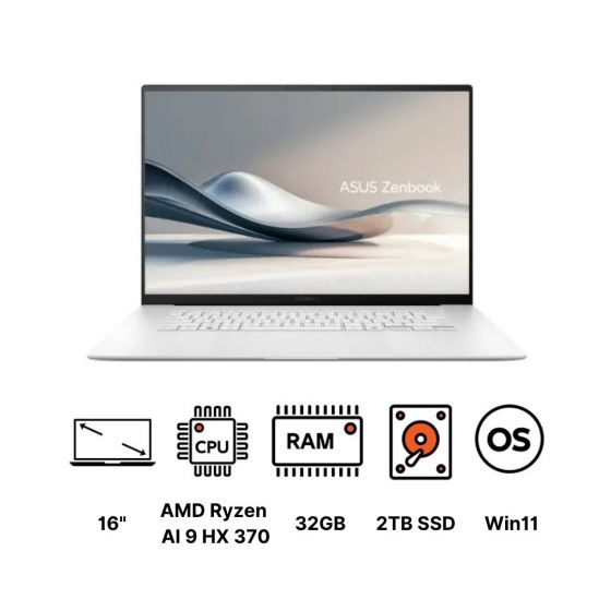 ASUS ZenBook S16 UM5606WA-RJ288W 90NB13M4-M00HM0 Laptop, AMD Ryzen AI 9 HX 370, 2TB SSD, 32GB RAM, 16 Inch, 3K, OLED, 120Hz, AMD Radeon 890M Graphics, Windows 11 - Scandinavian White