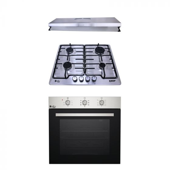 Purity Gas Built-in Hob, 60cm, 4 Burners, Stainless Steel - HPT604S, with PIATTA Island Hood, 60 CM, and Built-in Gas Oven with Grill, 65 Liters - OPT601GG