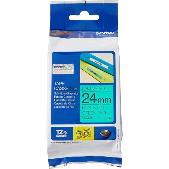 Brother Label Tape, 24 mm x 8 Meters, Black on Green - TZe-751