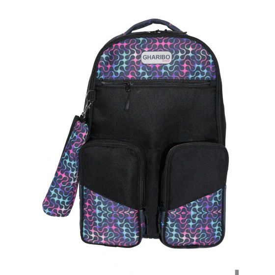Gharibo Bags School Backpack With Pencil Case for Girls, Motifs Pattern - Black and Purple