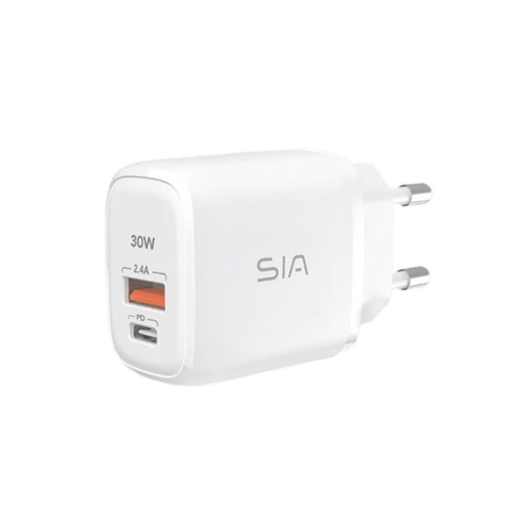 شاحن سيا، 30 وات، 1 منفذ USB-A، و1 منفذ USB-C، ابيض - SI-CH002W