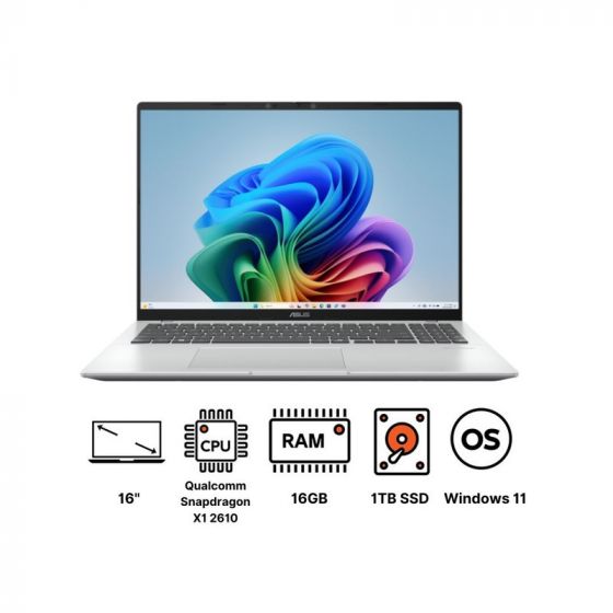 Asus Vivobook 16 X1607QA Laptop, Qualcomm Snapdragon X1 26100, 1TB SSD, 16GB RAM, 16 Inch WUXGA IPS 60Hz Display, Qualcomm Adreno, Windows 11 - Cool Silver