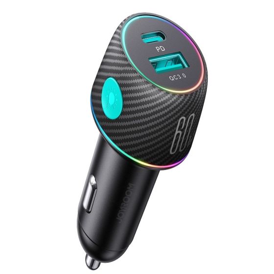 Joyroom Car Charger, 60 Watt, 2 Ports, 1 Usb-A And 1 Type-C, Black - Jr-Ccn01