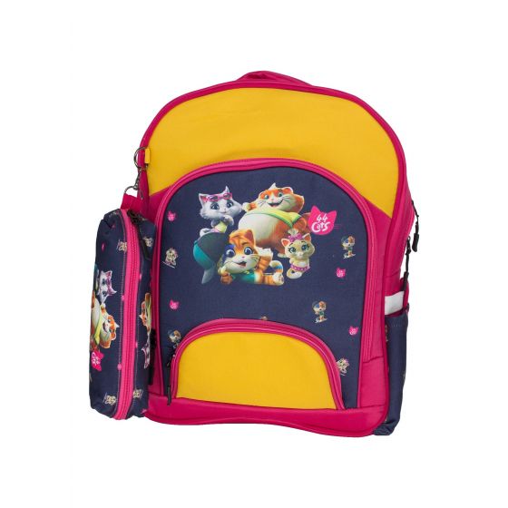 Gharibo Bags School Backpack With Pencil Case For Girls, 44 Cats Pattern - Pink and Yellow