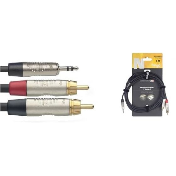 Stagg N Series Dual RCA to Stereo Mini Phone Plug Cable, 3 Meters, Black - NYC3-MPS2CMR