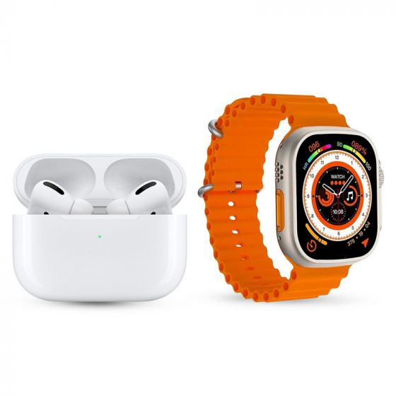 AirPods Pro Wireless Earphones - White with T900 Ultra Smart Watch, 2.09 Inch - Silver Case and Orange Strap
