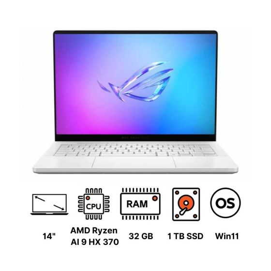 لاب توب جمينج اسوس روج زيفروس G14 GA403WR-WH320W، ايه ام دي رايزن AI 9 HX 370، هارد SSD سعة 1 تيرا، رام 32 جيجا، شاشة 14 بوصة، OLED، دقة 3K، معدل تحديث 120 هرتز، كارت شاشة جي فورس RTX 5070 Ti GDDR7 سعة 12 جيجا، ويندوز 11 - ابيض بلاتنيوم