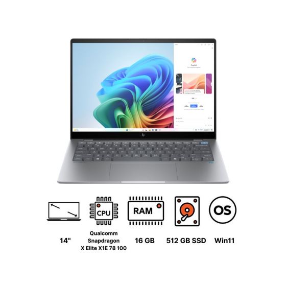 HP OmniBook X 14-fe0006ne B7JP2EA Laptop, Qualcomm Snapdragon X Elite X1E 78 100, 512GB PCIe NVMe M.2 SSD, 16GB RAM, 14 Inch, 2.2K IPS, Qualcomm Adreno GPU, Windows 11 - Meteor Silver