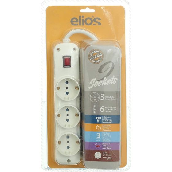 Elios Power Strip, 3500W, 16A, 3 Meters, 9 Sockets - White