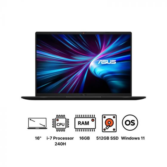 Asus V16 V3607VJ-RP007W Laptop, Intel Core 7 processor 240H, 512GB SSD, 16GB RAM, 16 Inch FHD Plus 144 Hz Display, NVIDIA GeForce RTX 3050 6GB, Windows 11 - Black