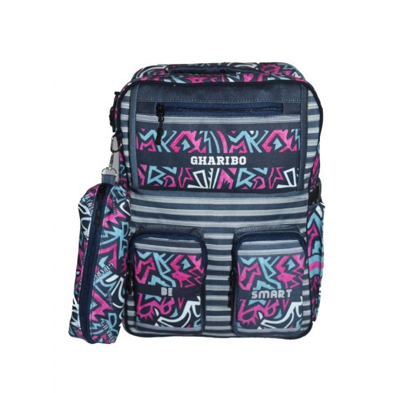 Gharibo Bags School Backpack With Pencil Case For Kids, Art Pattern - Black and Purple