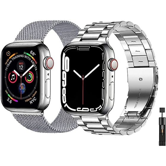 baklon Pack 2 Metal Strap Compatible with Apple Watch Strap 42mm 44mm 45mm, Apple Watch Band Stainless Steel Mesh Loop Replacement Wristband Compatible with iWatch Series SE 7 6 5 4 3 2 1