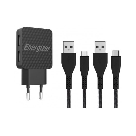 Energizer Lifetime Wall Charger With USB-C and Micro USB Cables, 2.4A - Black