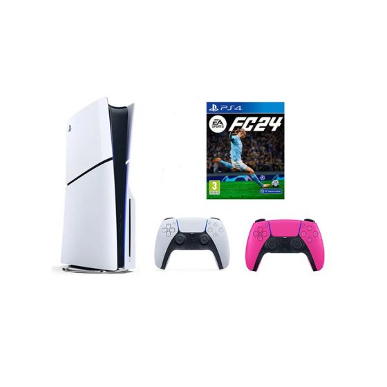 Sony PlayStation 5 Slim Disc Edition, 1TB SSD, with 2 Wireless Controllers, White and Pink  and FC 24- White