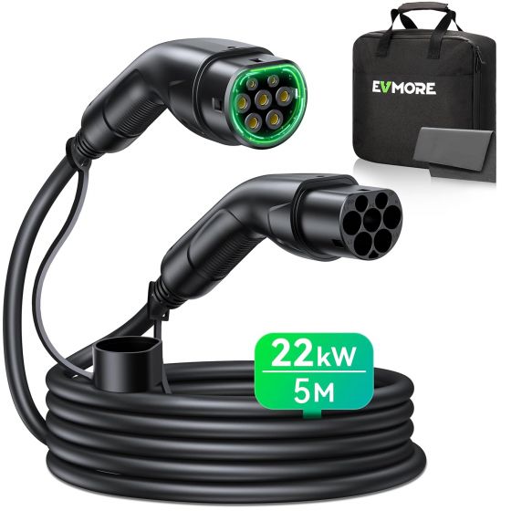 Evmore Type 2 Electric Charging Cable, 32A, 22kW - Black