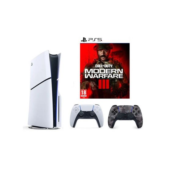 سوني بلايستيشن 5 سليم اصدار محرك اقراص، 1 تيرا SSD، مع 2 ذراع تحكم لاسلكي، ابيض ومموه، مع لعبة كول اوف ديوتي مودرن وورفير 3 - ابيض
