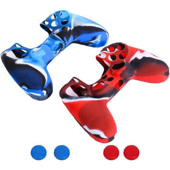 Jamswall Silicone Cover For PlayStation 4 Controller With Analog Caps - Red and Blue