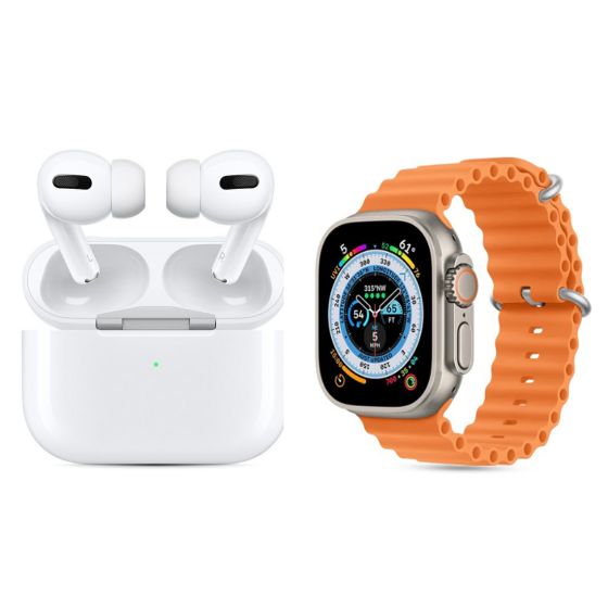 W&O X8 Plus Ultra Smart Watch - Silver Case and Orange Strap with AirPods Pro Earbuds - White