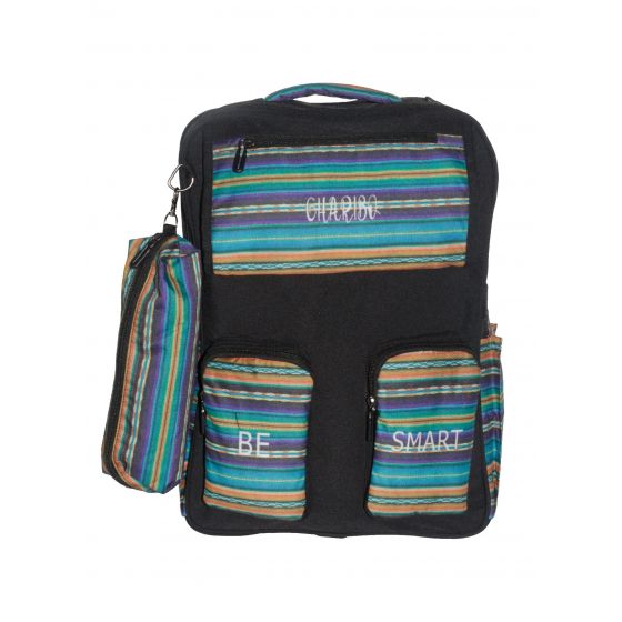 Gharibo Bags School Backpack With Pencil Case For Boys, Striped Pattern - Black and Light Blue