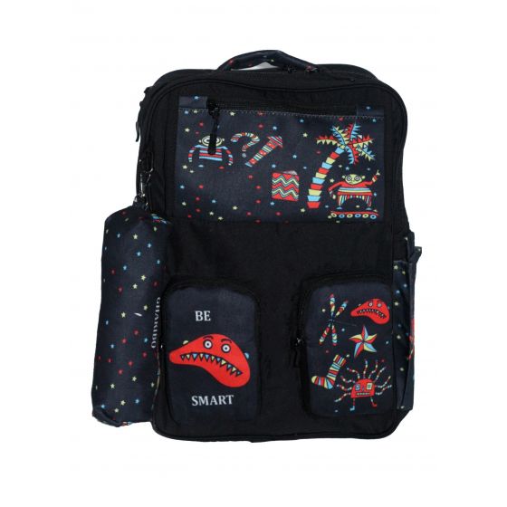 Gharibo Bags School Backpack With Pencil Case For Boys, Figures Pattern - Black