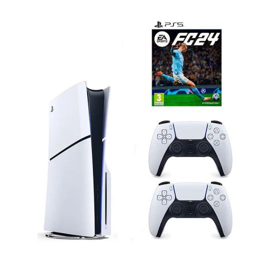 سوني بلايستيشن 5 سليم اصدار محرك اقراص، 1 تيرا SSD، مع 2 ذراع تحكم لاسلكي ولعبة اف سي 24 - ابيض
