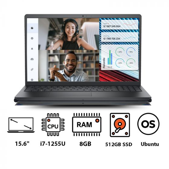 Dell Vostro 3520 Laptop, Intel Core i7-1255U, 15.6 Inch, 512GB SSD, 8GB RAM, Intel Iris Xe Graphics, Ubuntu- Black